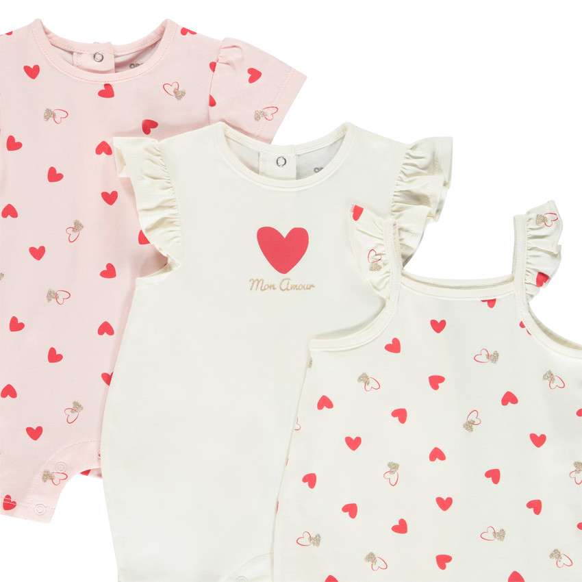 Lot de 3 combishorts fantaisie à cœurs pour bébé fille 