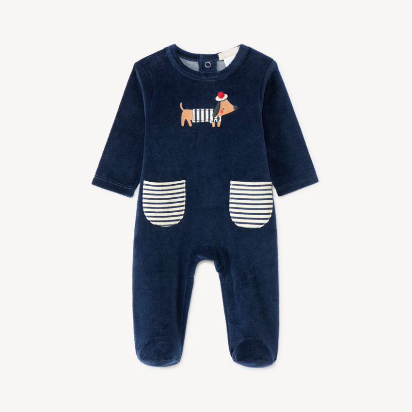 Dors-bien en velours bébé garçon broderie teckel