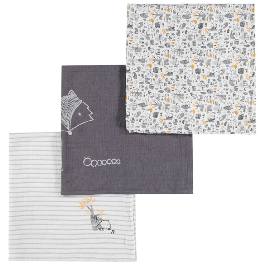 Lot de 3 langes en gaze de coton motifs animaux de la forêt   