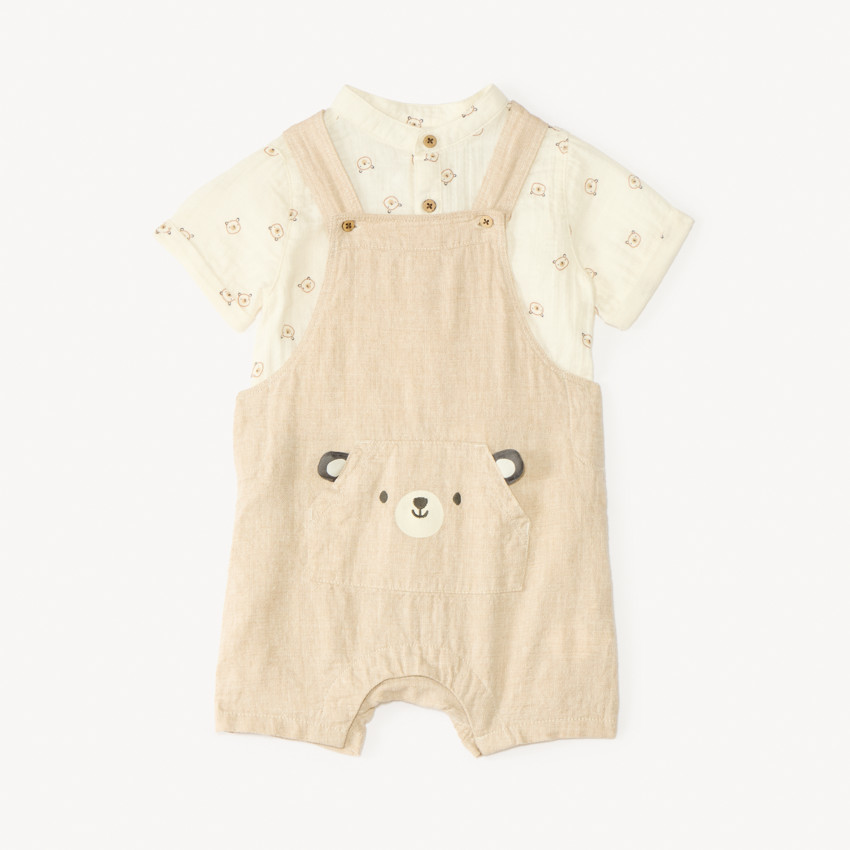 Ensemble court 2 pièces salopette + chemise imprimé ourson pour bébé garçon 