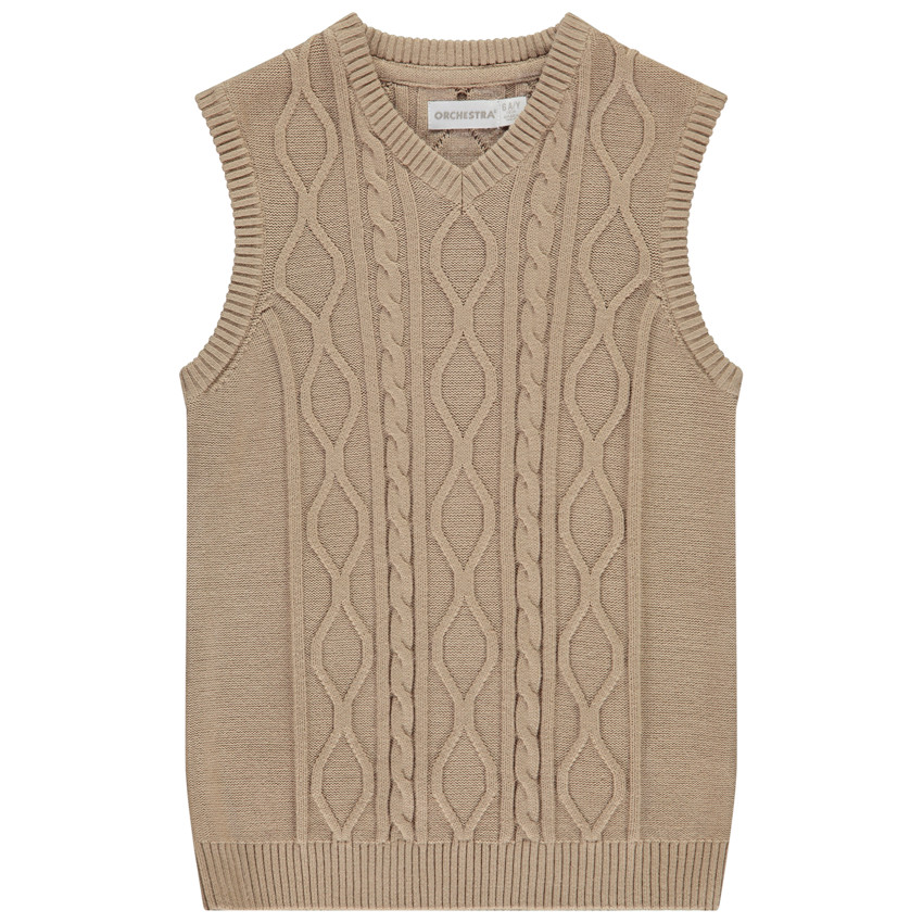 Pull sans manches en tricot torsadé col V pour garçon - Beige