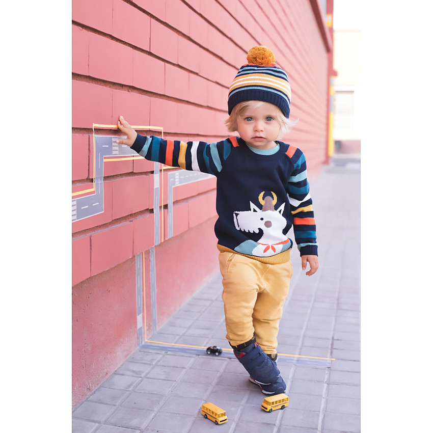 Pull en tricot avec viking en jacquard et manches rayées 