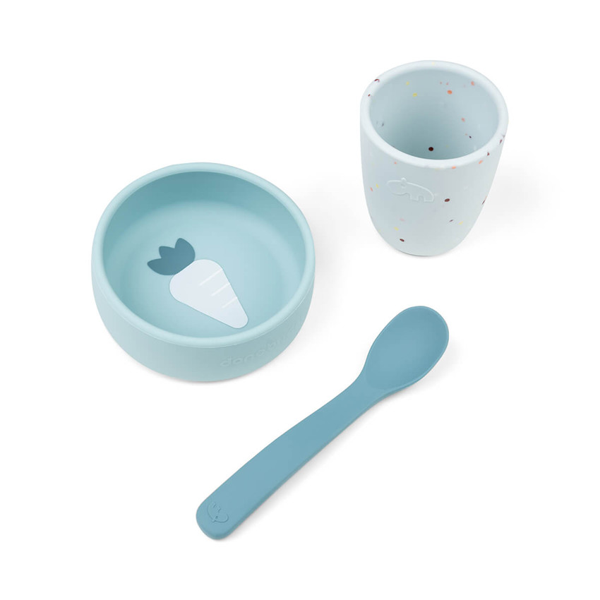Coffret premier repas en silicone bleu 