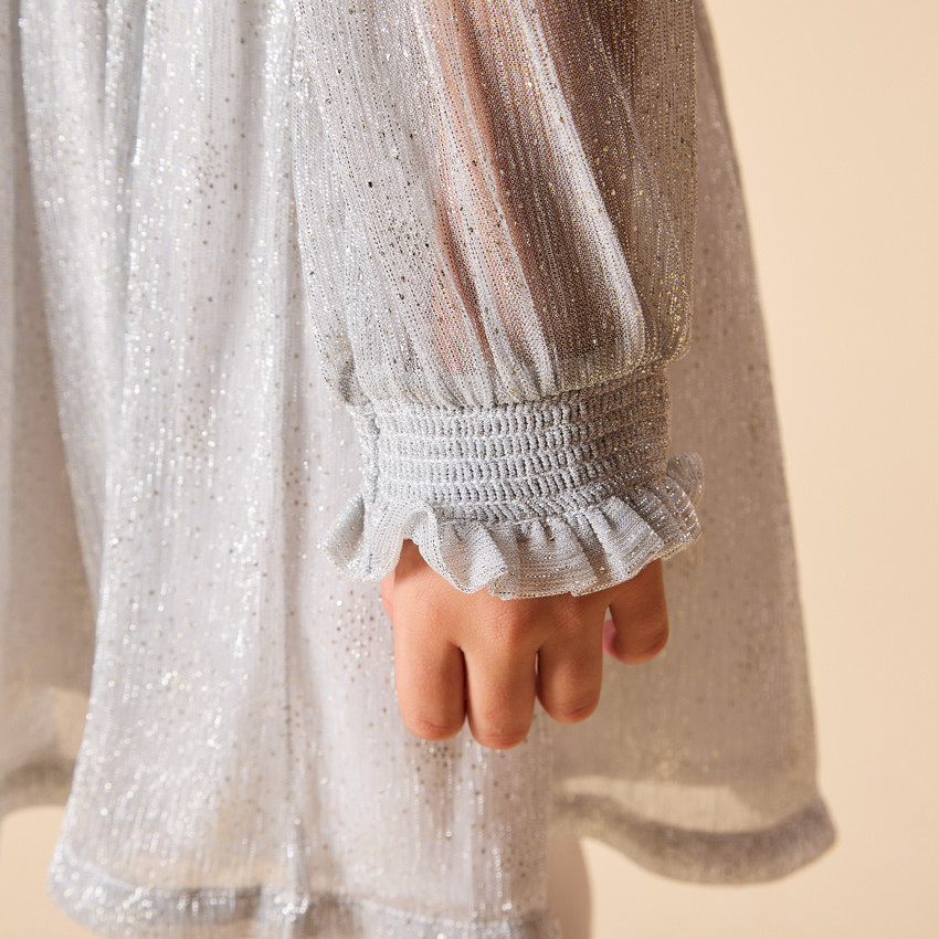 Robe de fête argentée à manches longues bouffantes pour fille 