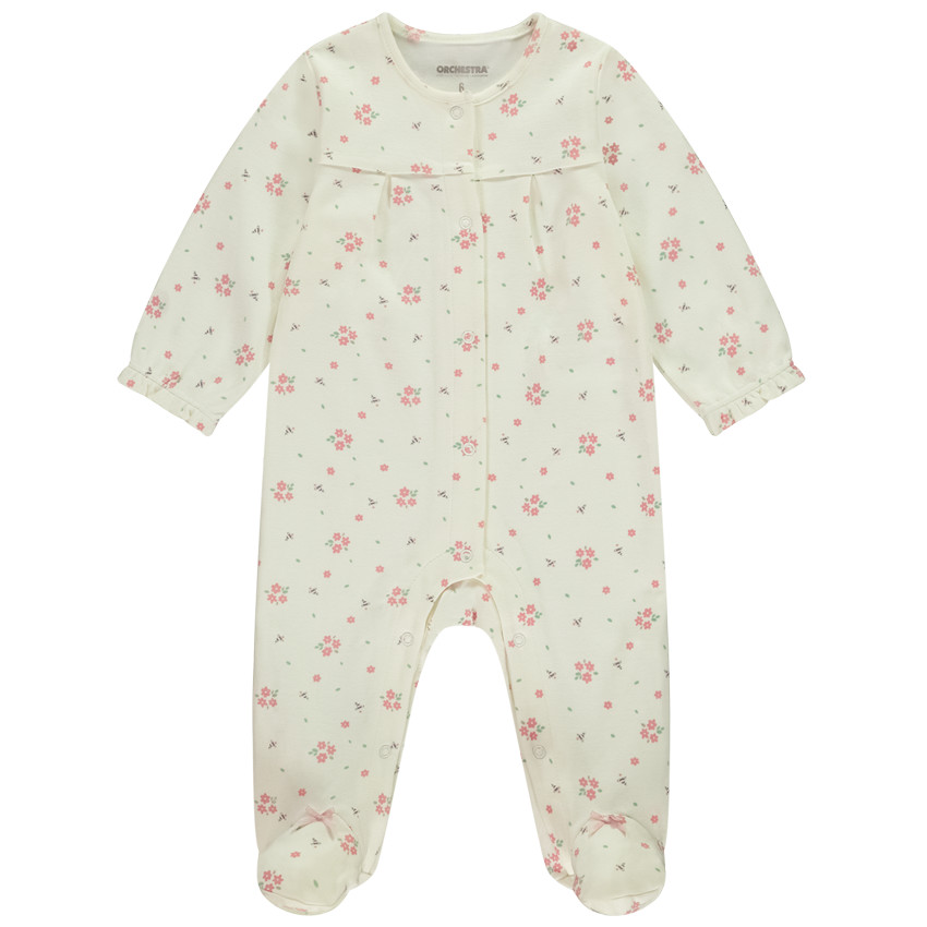 Dors-bien manches longues en interlock imprimé fleuris pour bébé fille - Ecru