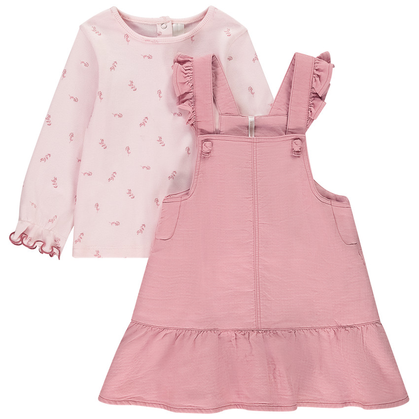 Ensemble robe salopette uni rose + t-shirt fantaisie pour bébé fille