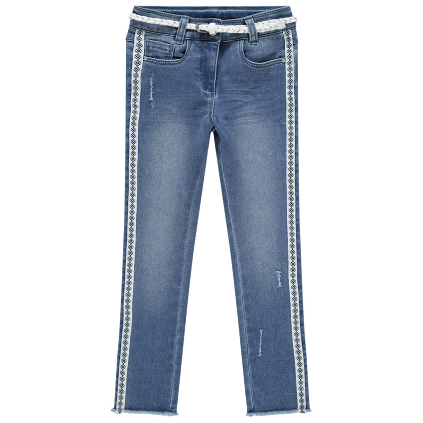 Jean effet used à bandes imprimées et ceinture tressée 