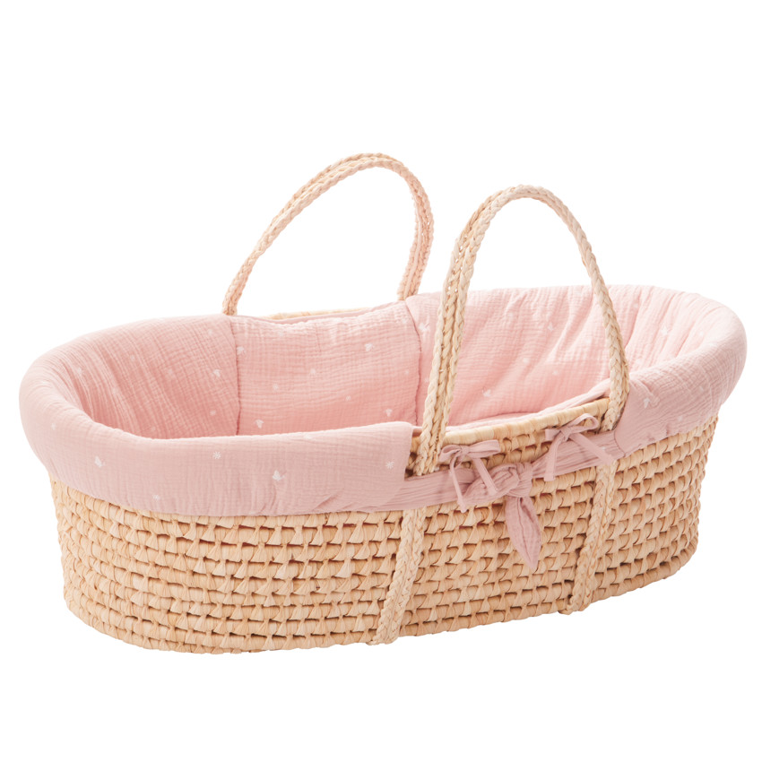 Couffin en osier avec habillage en tetra brodé rose 