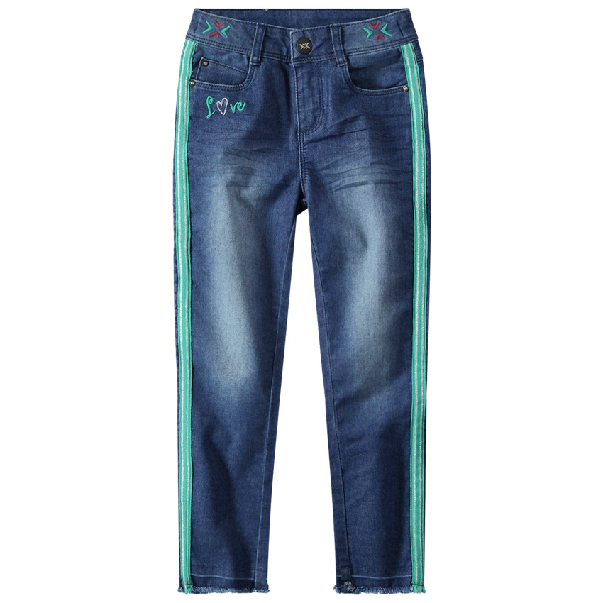 Jean effet used et crinkle à bandes appliquées 