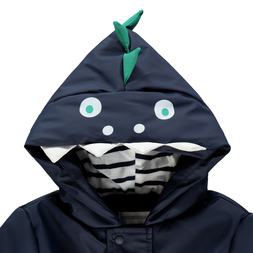 Parka à capuche en gomme doublé jersey rayé à détails dinosaure 