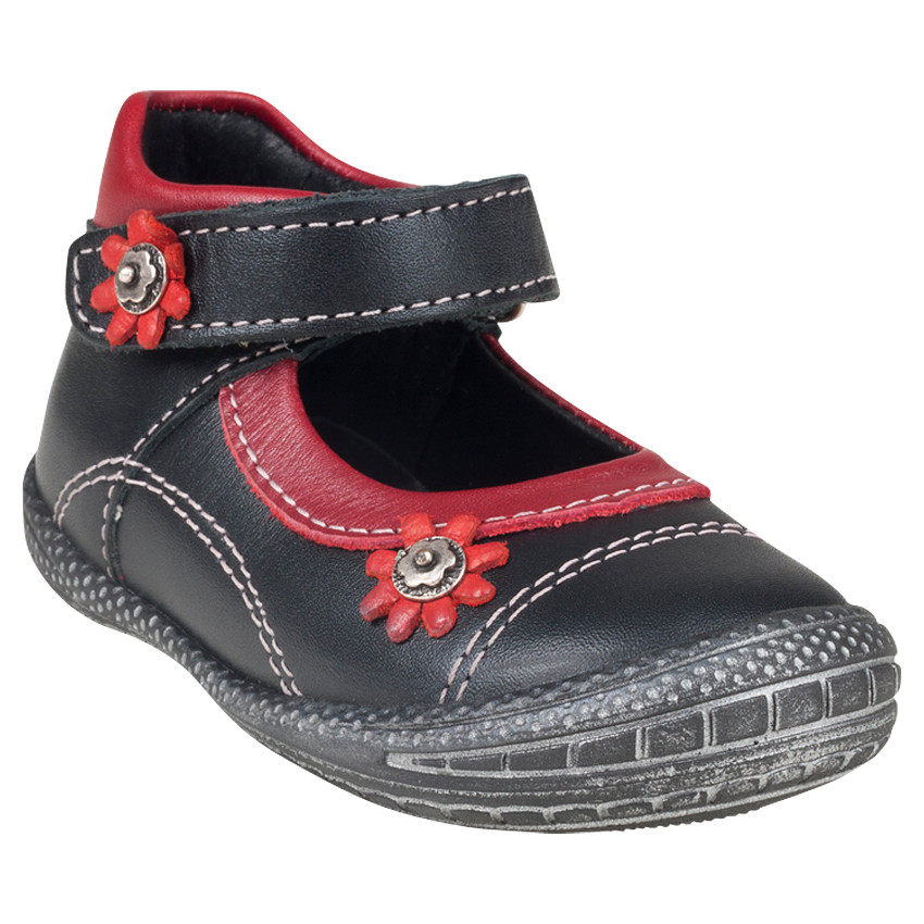 Babies noires et rouges en cuir avec patchs fleur et rivets