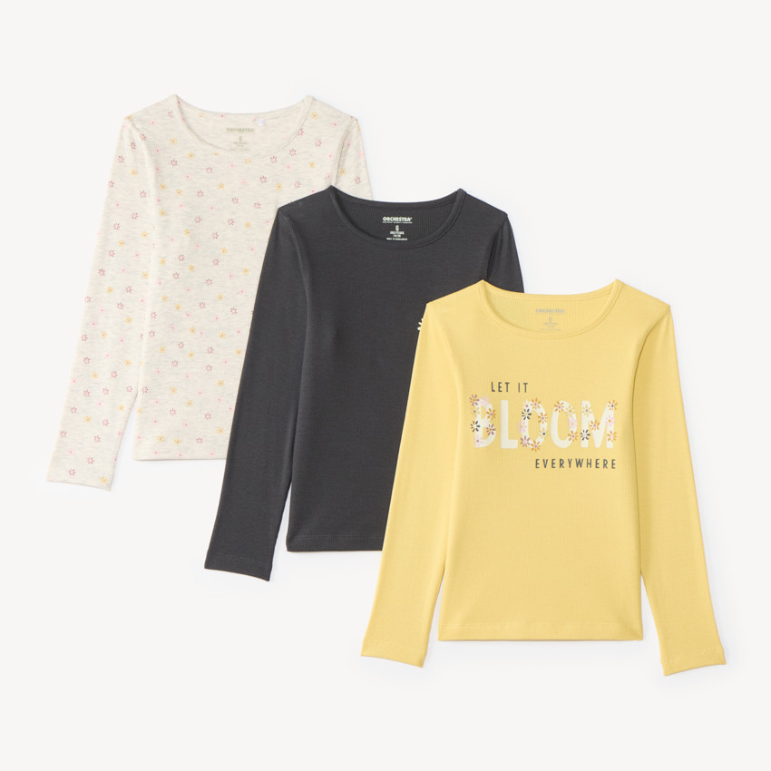 Lot de 3 t-shirts manches longues fille unis et imprimés 