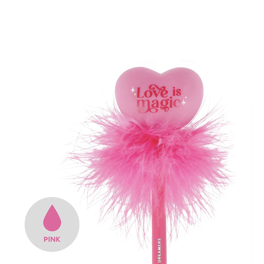 Stylo bille à plumes avec cœur lumineux encre rose 
