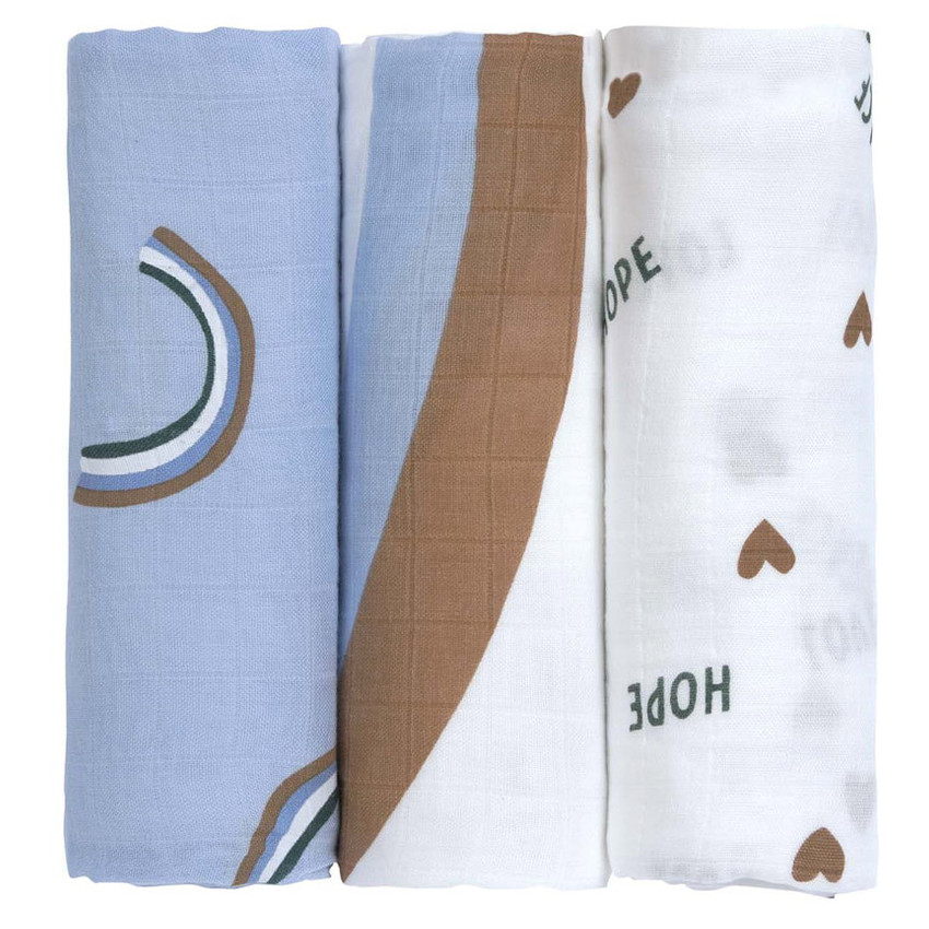 Lot de 3 langes 80 x 80 cm Happy Rascals Bleu ciel