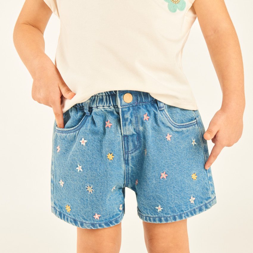 Short en jean avec broderie fleurs pour bébé fille