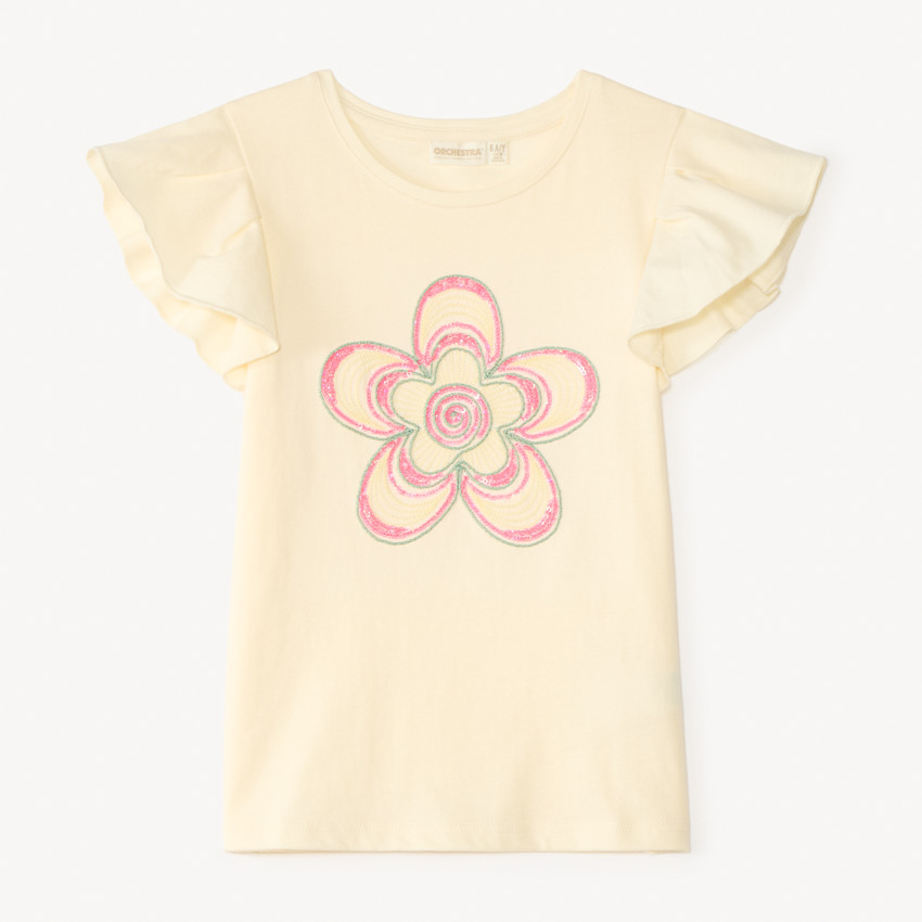 T-shirt manches courtes fleurs en cording et sequins pour fille 