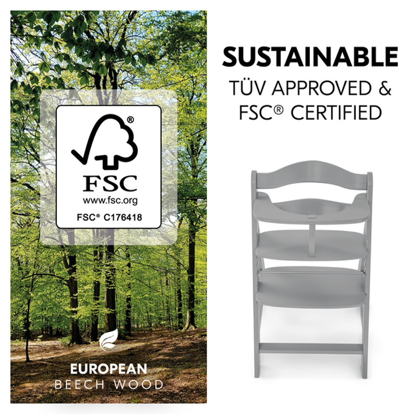 Chaise haute Alpha+ évolutieve de bois de hêtre européen certifiées FSC® Gris  