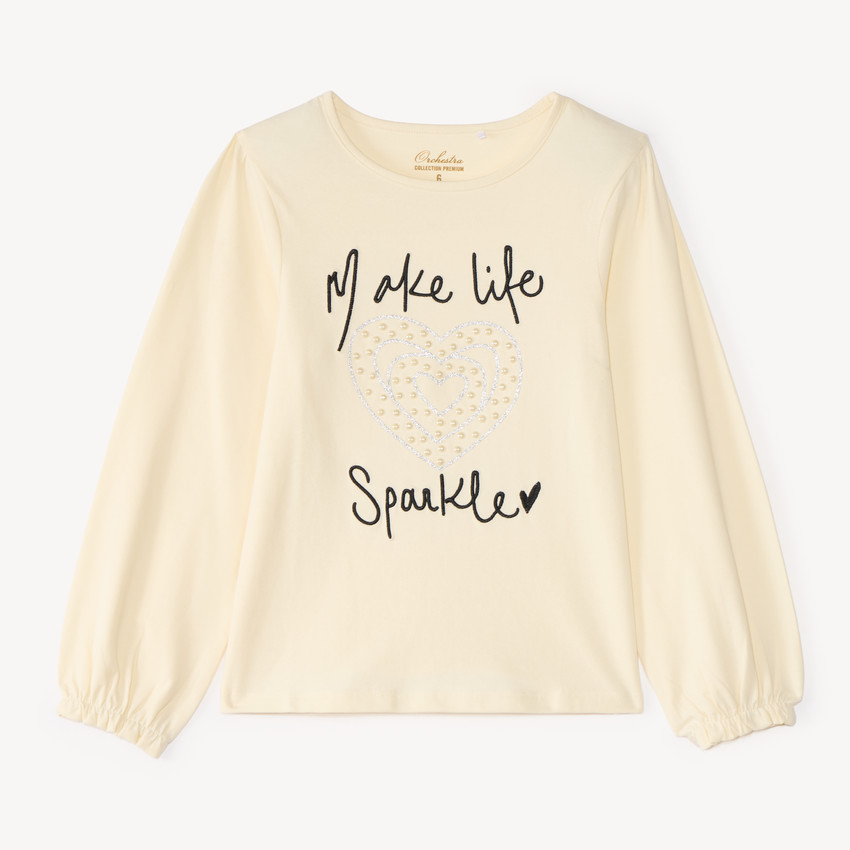 T-shirt manches longues fille avec perles et fantaisie