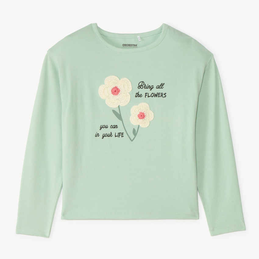 T-shirt manches longues avec print et motif crocheté fantaisie pour fille