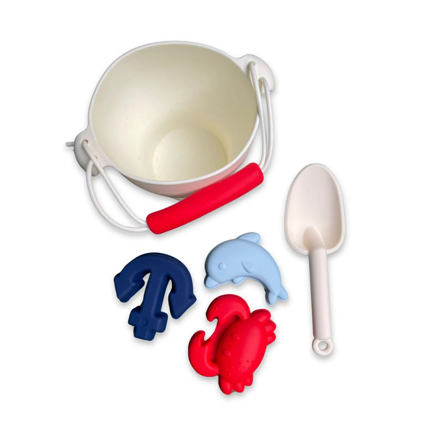 Seau de plage avec pelle et 3 moules en silicone Océan 
