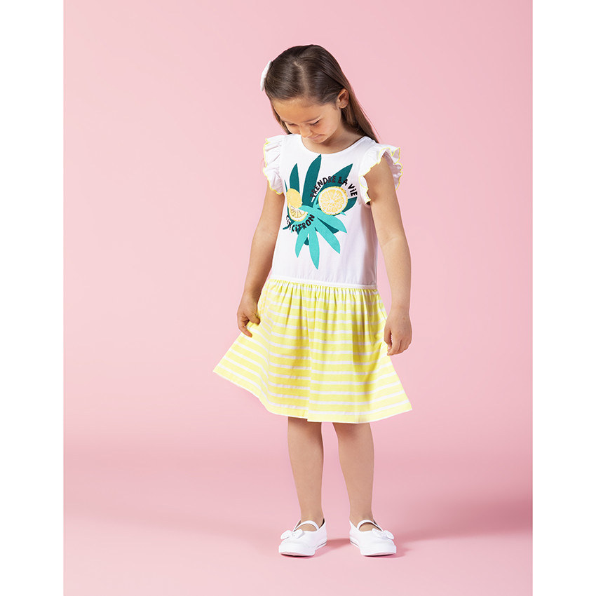 Robe manches courtes en coton à rayures et fruits printés 