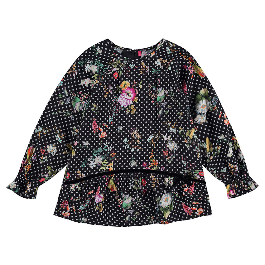 Tunique manches longues en satin de coton avec fleurs et pois all-over 