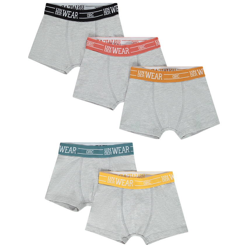lot de 5 boxers unis avec élastiques colorés pour garçon - gris chiné