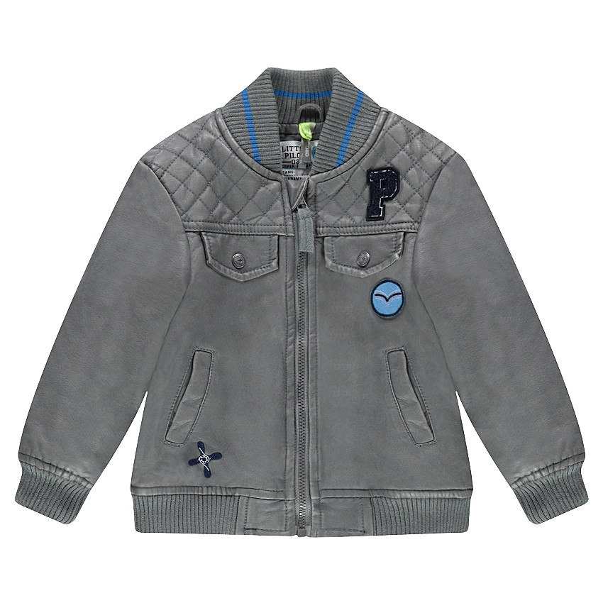 Blouson en simili cuir gris avec poches et badges fantaisie 