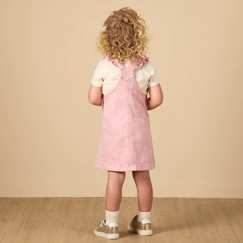 Robe salopette en denim avec volant + broderie et sequins pour bébé fille 