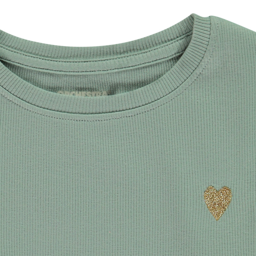 T-shirt manches longues côtelé broderie cœur doré pour fille 