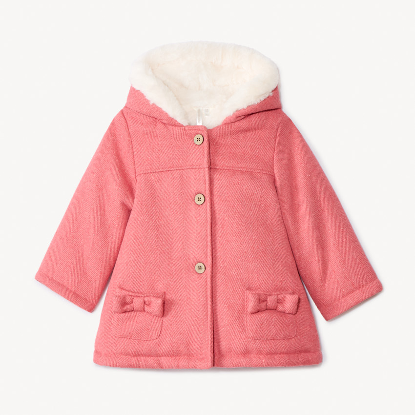 Manteau drap de laine rose à capuche pour bébé fille