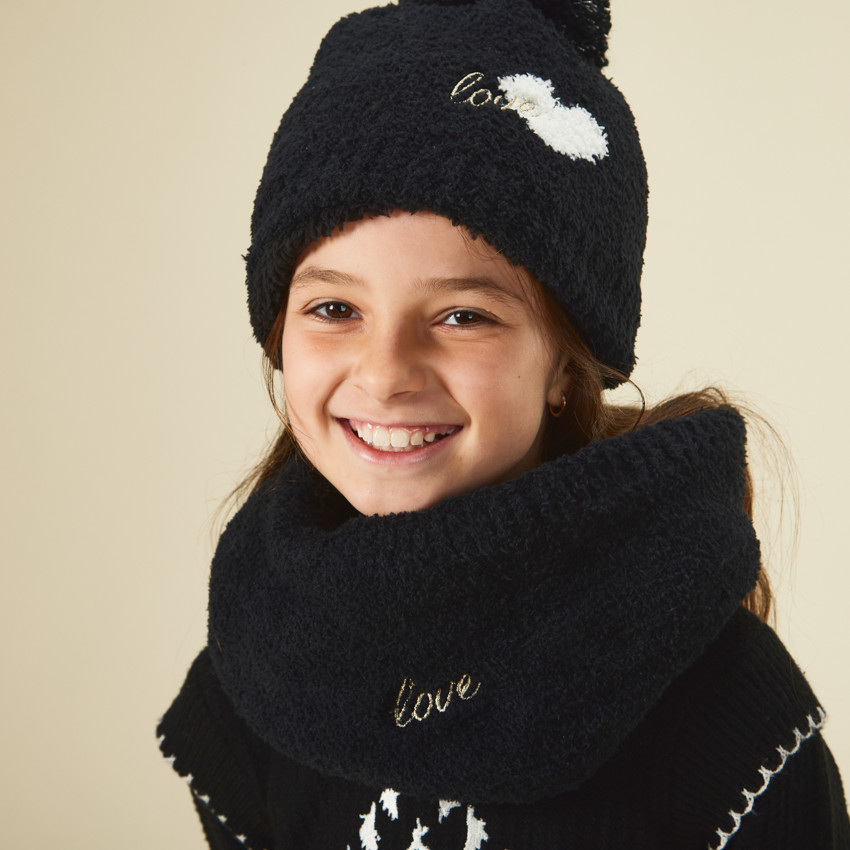 ensemble bonnet + snood en tricot avec broderies pour fille - noir