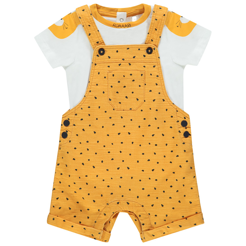 Ensemble bébé garçon avec t-shirt ludique et salopette jaune à pois 