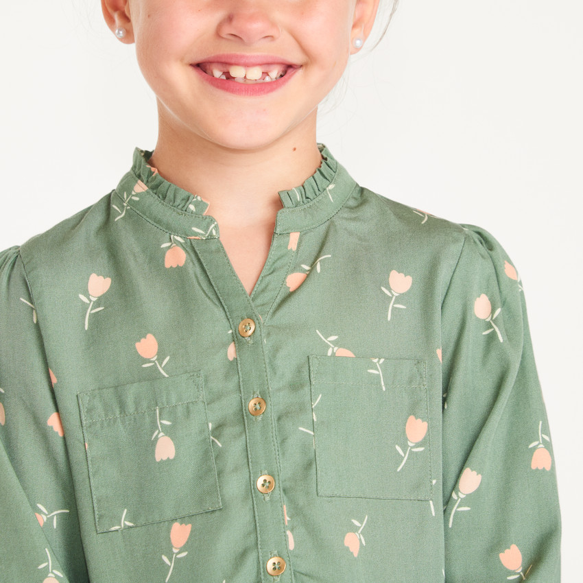 Robe fille col mao manches longues imprimé tulipes 