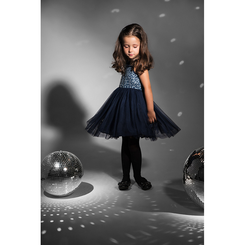 Robe sans manches en voile de coton et tulle avec empiècement imprimé en sequins 