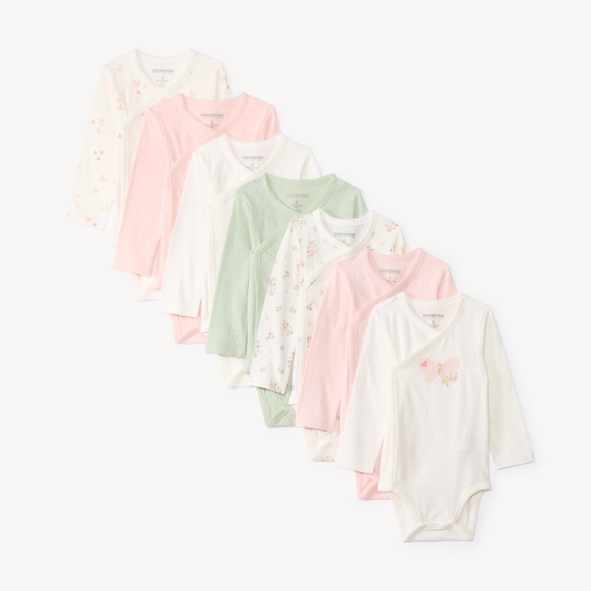 Lot de 7 bodies manches longues fantaisie pour bébé fille avec ouvertures différentes selon l'âge - Ecru