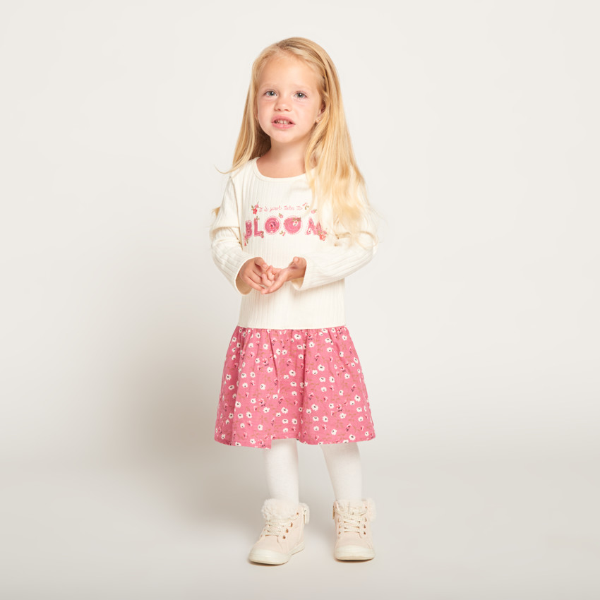 Robe effet 2 en 1 bi-matière à fleurs pour bébé fille 