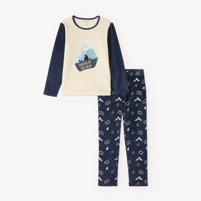 Pyjama garçon en velours avec motifs ours et montagnes 
