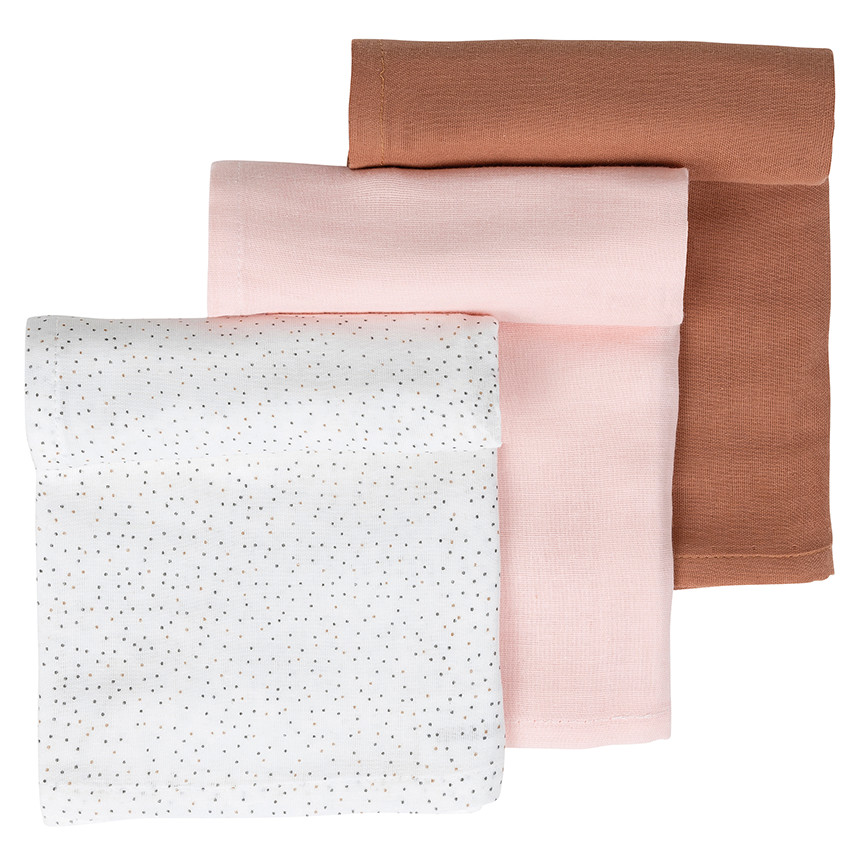 Lot de 3 langes 65 x 65 cm - Rose/Rouille/Imprimé Main Lot de 3 langes 65 x 65 cm - Rose/Rouille/Imprimé
