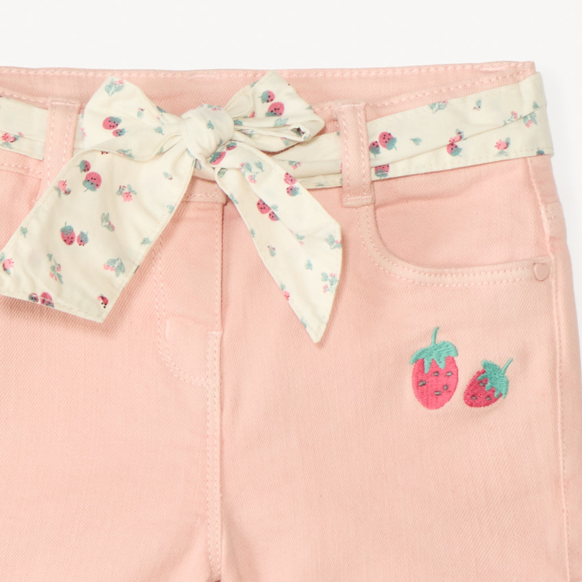 Short en denim avec broderie fruit + ceinture à nouer pour bébé fille 