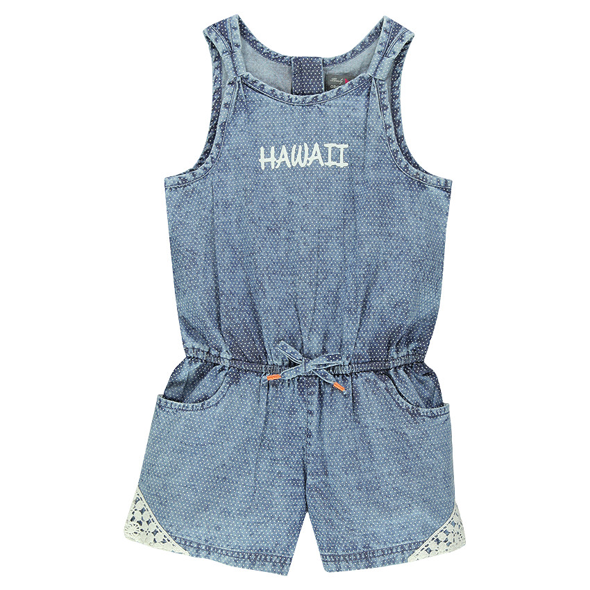 Combishort à pois en coton chambray et dentelle 