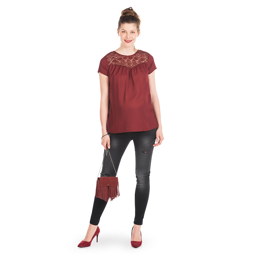 Top de grossesse manches courtes avec guipure et plis soleil 