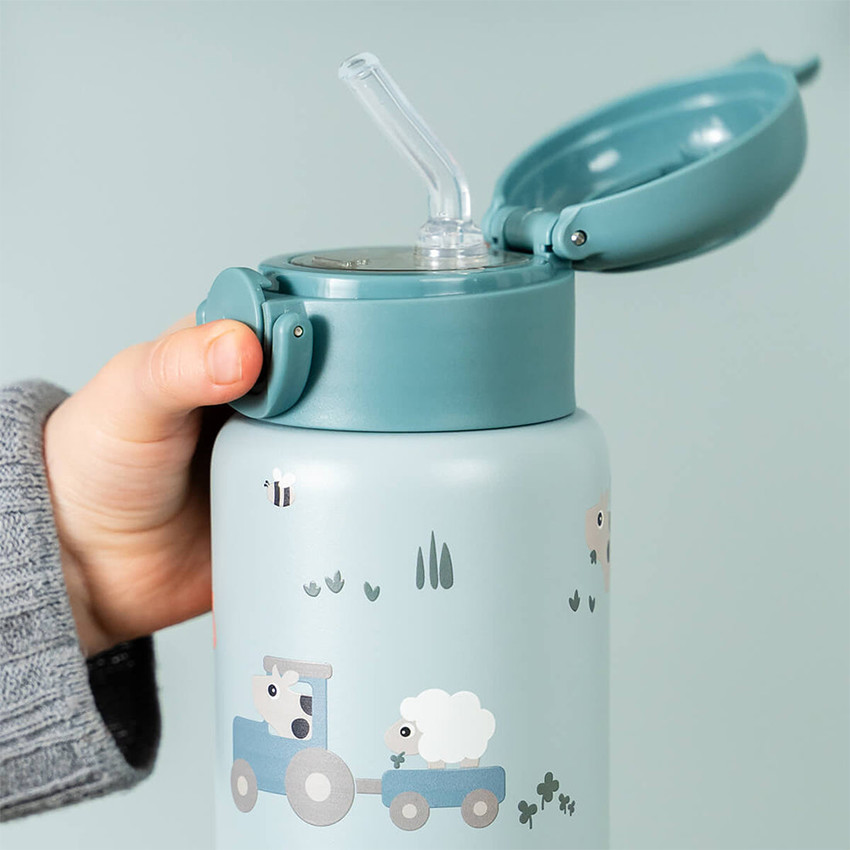 Gourde isotherme avec paille 340ml Tiny Farm Bleu 