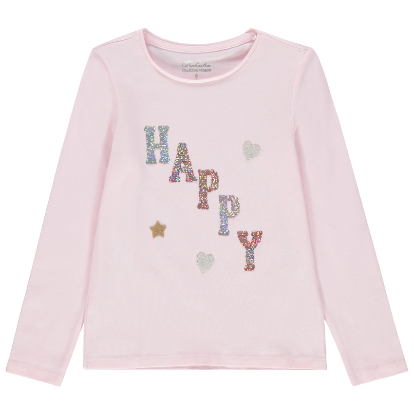 T-shirt manches longues en coton bio à message en sequins magiques 