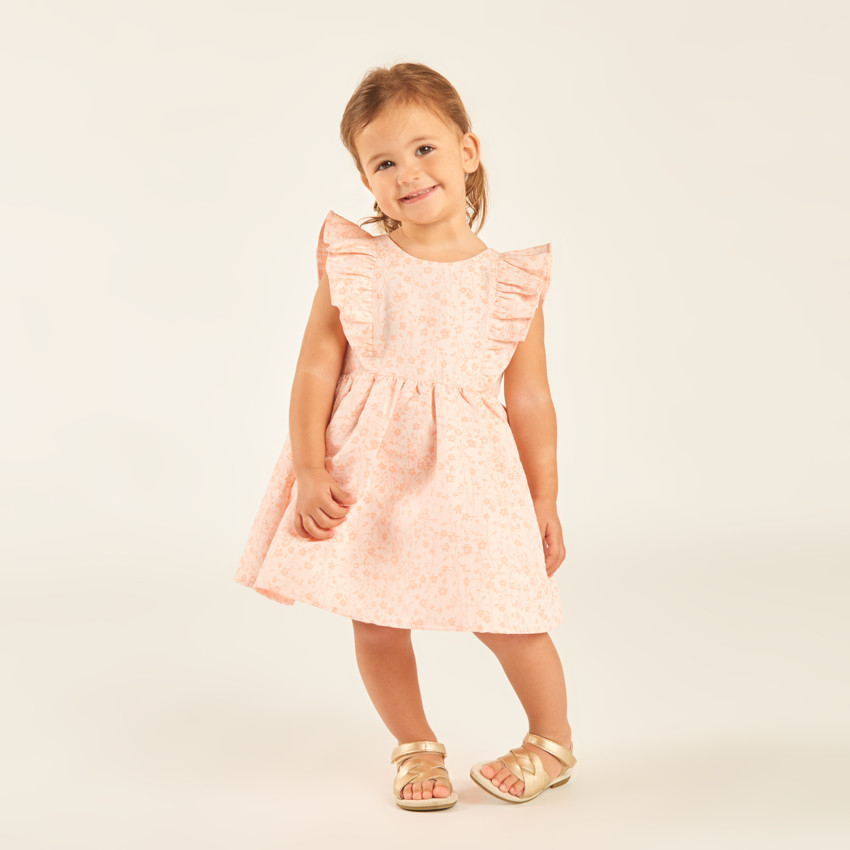 Robe manches courtes volantée à motifs fleuris en jacquard pour bébé fille