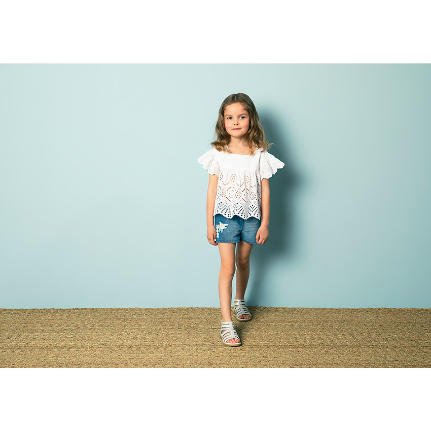 Tunique en voile manches volantée et broderie anglaise pour fille 