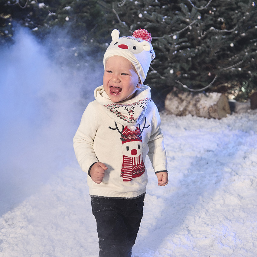 Ensemble bonnet ludique + snood en tricot de Noël pour bébé  