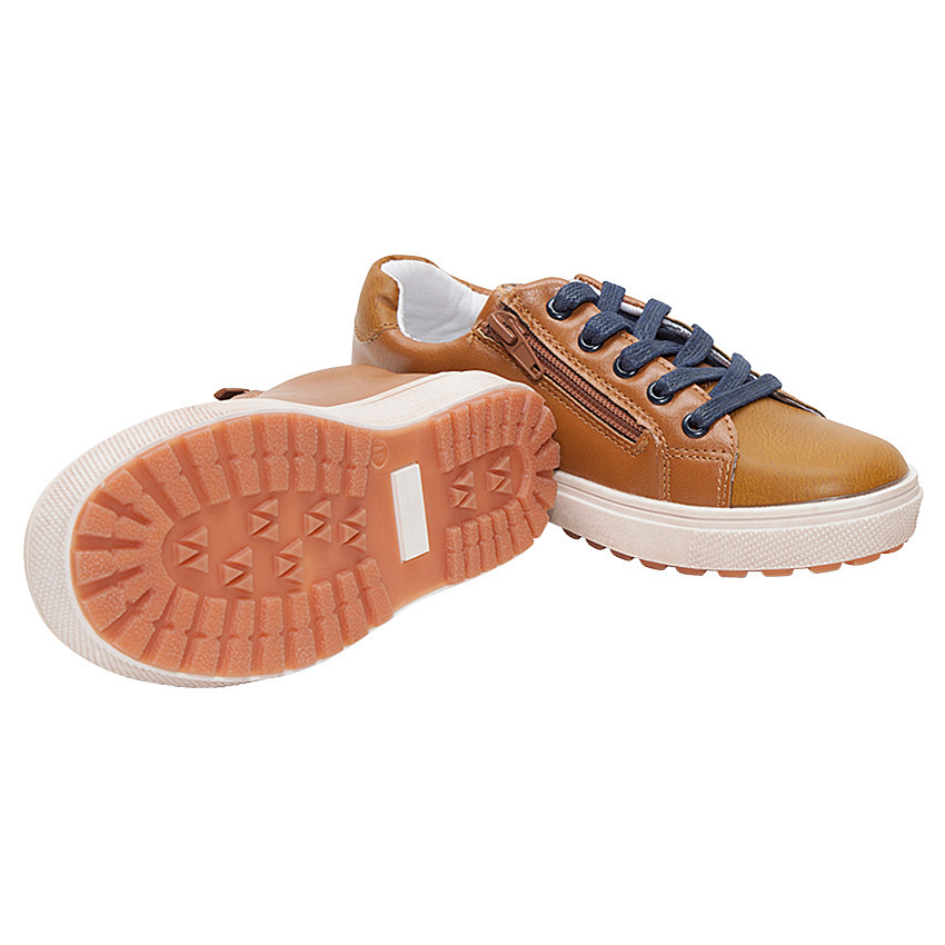 Baskets basses effet cuir camel à lacets et zip 