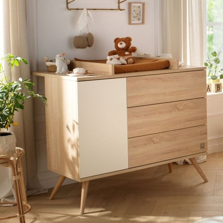 Commode à 3 tiroirs et 1 porte Seventies aspect chêne doré/vanille 