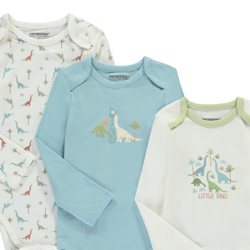 Lot de 5 bodies manches longues motifs dinos pour bébé garçon avec ouvertures différentes selon l'âge 
